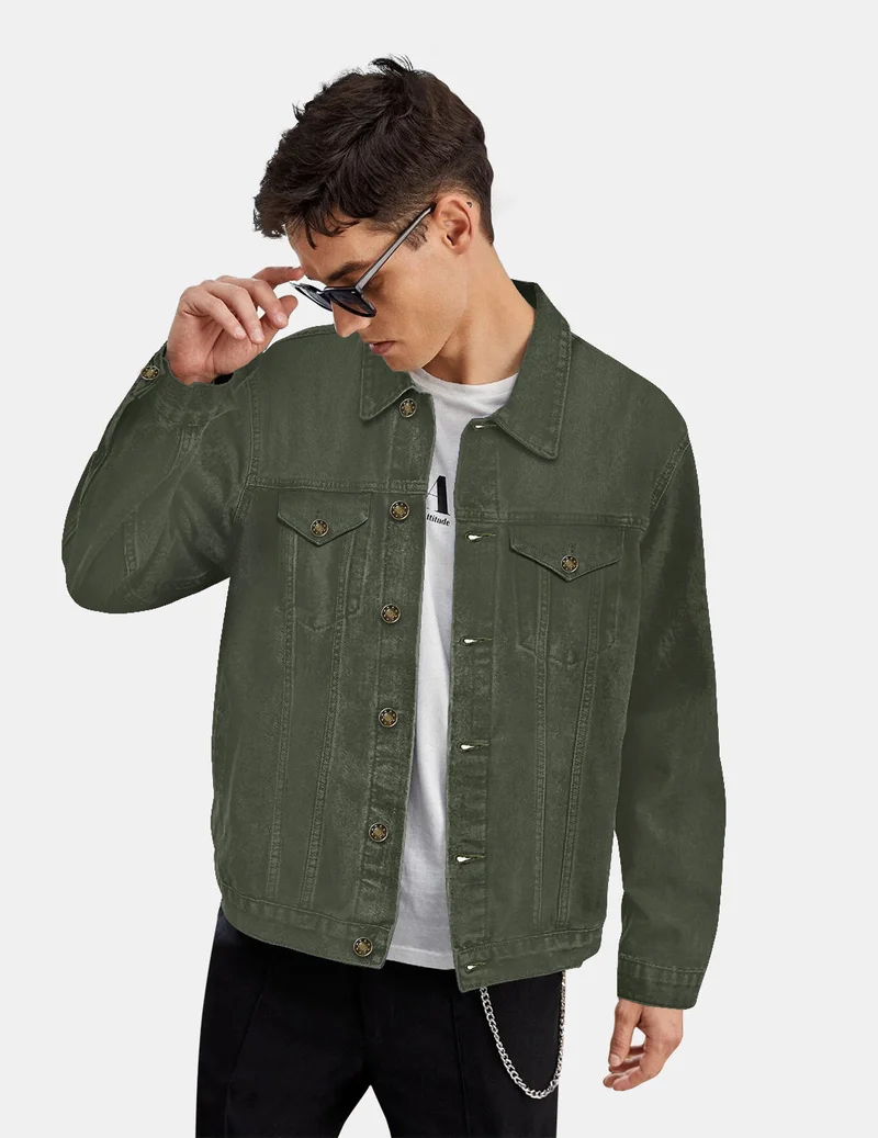 Urbano Fashion  Urbano Fashion Men's Olive Green Regular Fit Washed Full Sleeve Denim Jacket for Men | Best Price UAE