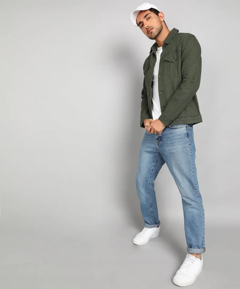 Urbano Fashion  Urbano Fashion Men's Olive Green Regular Fit Washed Full Sleeve Denim Jacket for Men | Best Price UAE