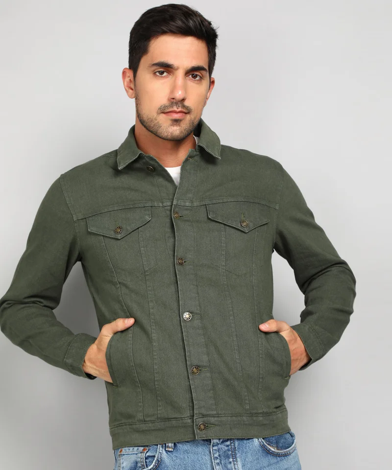 Urbano Fashion  Urbano Fashion Men's Olive Green Regular Fit Washed Full Sleeve Denim Jacket for Men | Best Price UAE