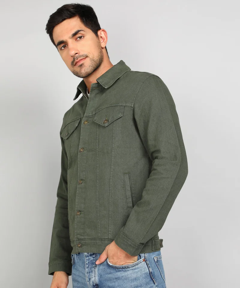 Urbano Fashion  Urbano Fashion Men's Olive Green Regular Fit Washed Full Sleeve Denim Jacket for Men | Best Price UAE