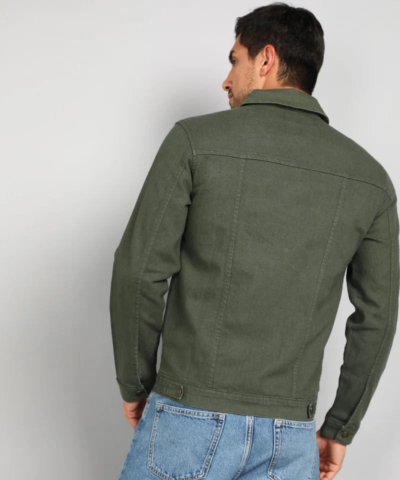 Urbano Fashion  Urbano Fashion Men's Olive Green Regular Fit Washed Full Sleeve Denim Jacket for Men | Best Price UAE