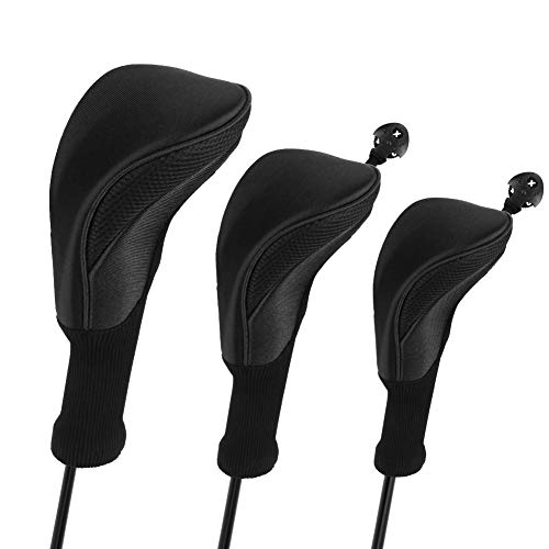 Number-one Golf Club Head Covers for Fairway Woods Driver Hybrids, 3Pcs Long Neck Mesh Golf Club Headcovers Set with Interchangeable No. Tags 3 4 5 6 7 X (Black) - Image 1