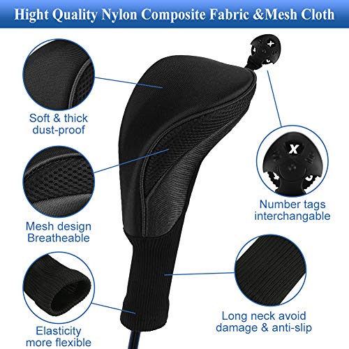 Number-one Golf Club Head Covers for Fairway Woods Driver Hybrids, 3Pcs Long Neck Mesh Golf Club Headcovers Set with Interchangeable No. Tags 3 4 5 6 7 X (Black) - Image 3