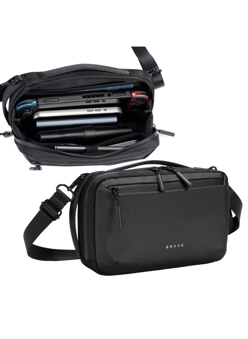 Brave Travel Electronics Organizer Bag with Shoulder Strap – Large Capacity Waterproof Tech Gadget Organizer, Portable Storage Bag for Travel Accessories, Passport/Tickets, Compatible with Nintendo Switch, Controllers, Power Bank, Chargers, Cables, Cell Phones, Earphones, USB Adapters and More (Large – Black) - Image 1