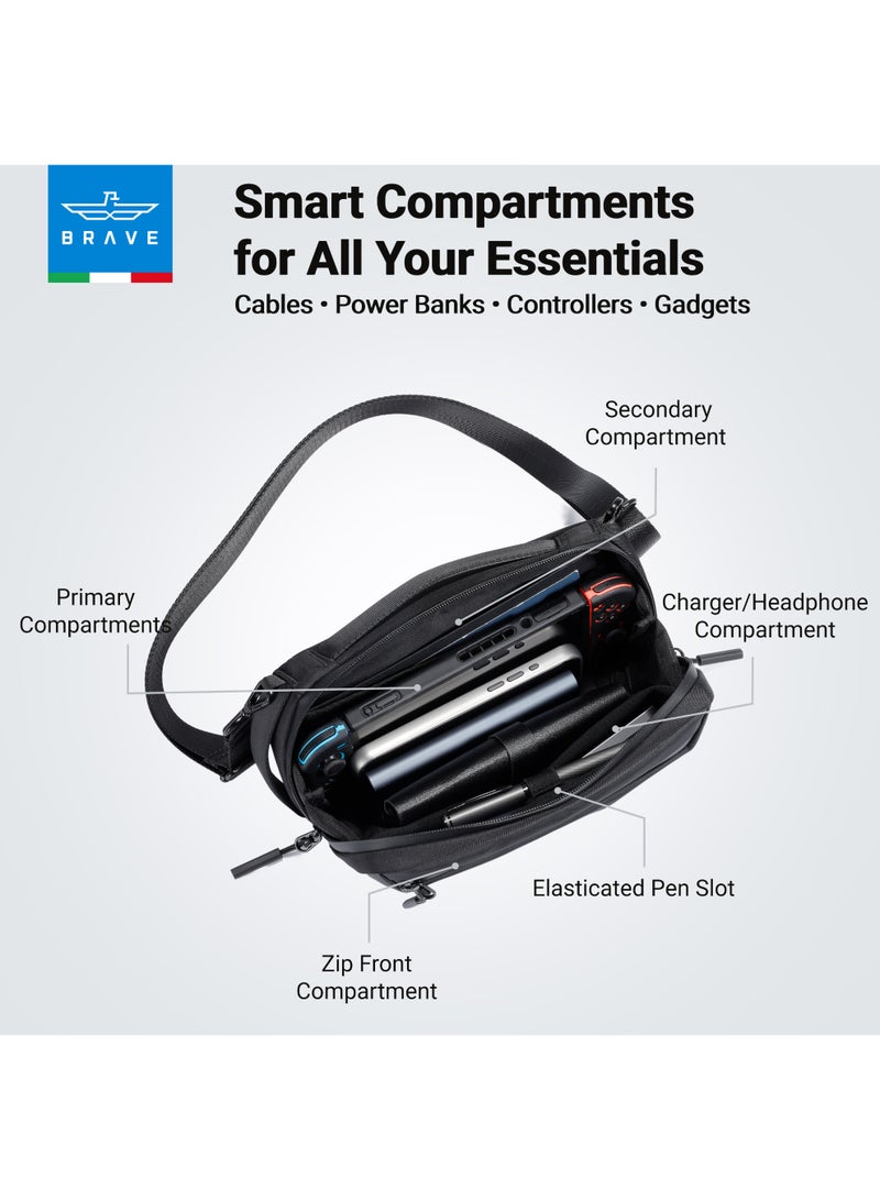 Brave Travel Electronics Organizer Bag with Shoulder Strap – Large Capacity Waterproof Tech Gadget Organizer, Portable Storage Bag for Travel Accessories, Passport/Tickets, Compatible with Nintendo Switch, Controllers, Power Bank, Chargers, Cables, Cell Phones, Earphones, USB Adapters and More (Large – Black) - Image 4