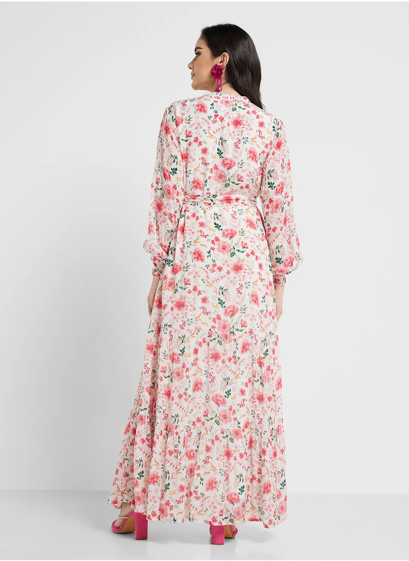 كشخة Printed Chinese Collar Dress with Garden Floral Print (VNT961)