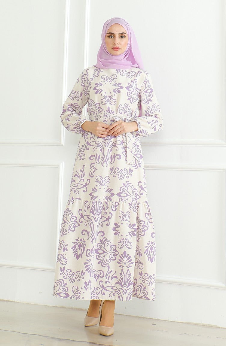 Sefa Merve Patterned Belted Linen Dress 0471B-01 Beige Lilac  - Image 1