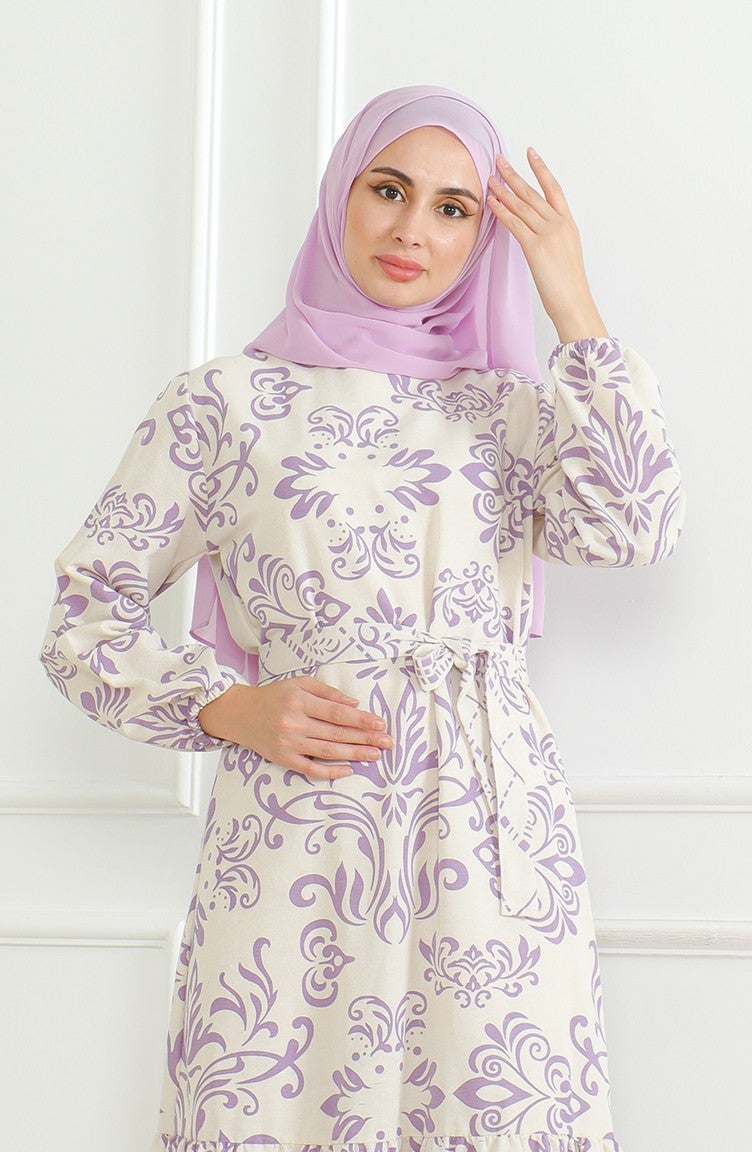 Sefa Merve Patterned Belted Linen Dress 0471B-01 Beige Lilac  - Image 4