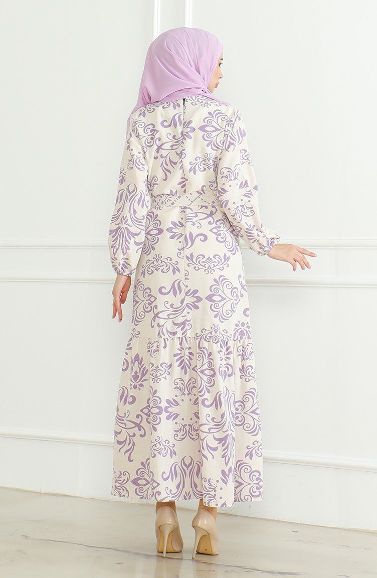 Sefa Merve Patterned Belted Linen Dress 0471B-01 Beige Lilac  - Image 5