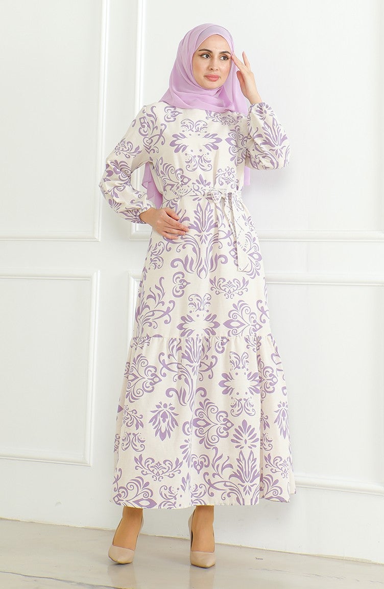 Sefa Merve Patterned Belted Linen Dress 0471B-01 Beige Lilac  - Image 3