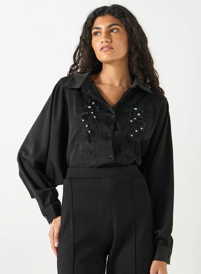 2Xtremz 2Xtremz Bead Embellished Shirt with Bishop Sleeves and Button Placket