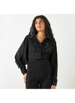 2Xtremz 2Xtremz Bead Embellished Shirt with Bishop Sleeves and Button Placket  - Image 1