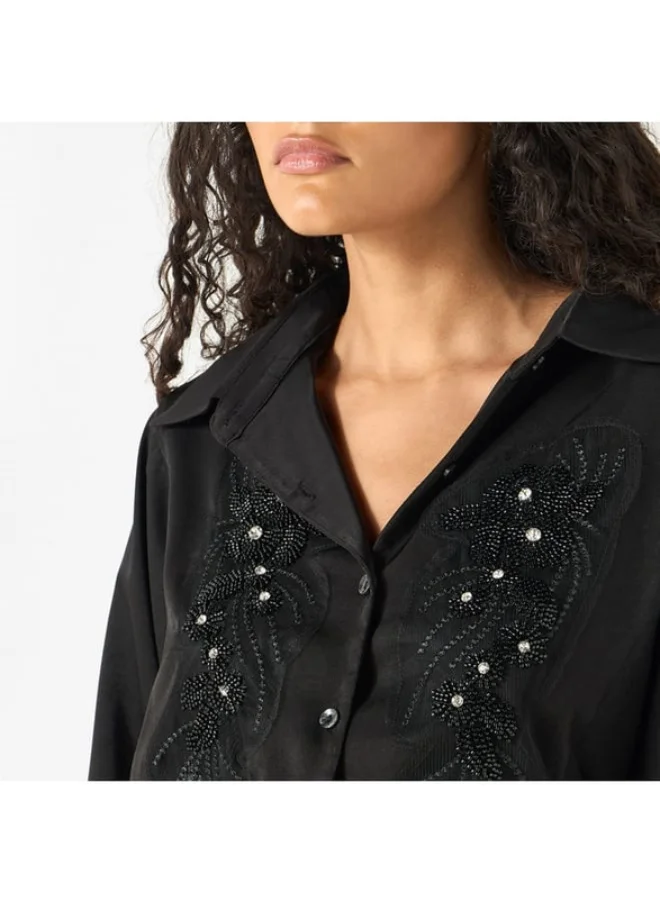 2Xtremz 2Xtremz Bead Embellished Shirt with Bishop Sleeves and Button Placket