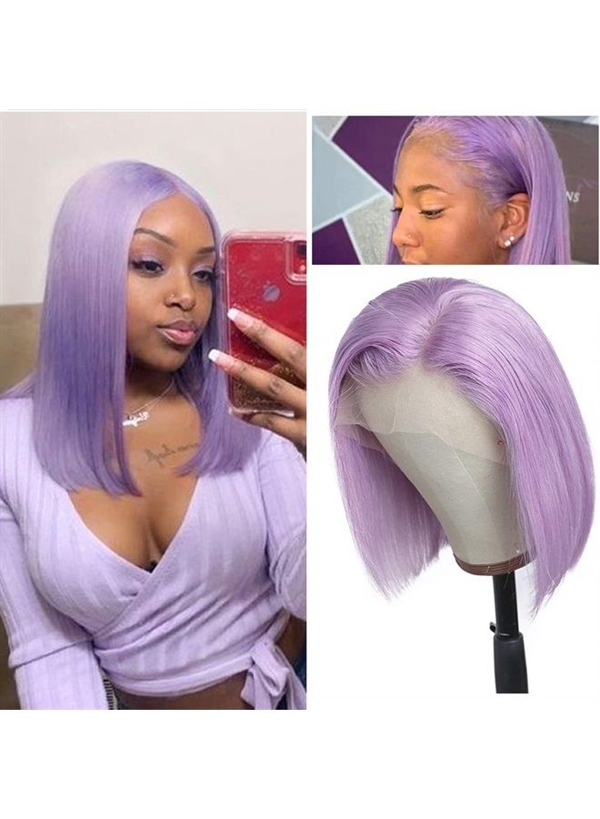 Smavida Lilac Bob wigs T Part Swiss Lace Glueless Virgin Human Hair Straight Pre Plucked 13x1 Lace Wigs 8" 150% Density Brazilian Remy Hair Purple Bob Wigs Middle Part for Women(Can be Restyled) - Image 1