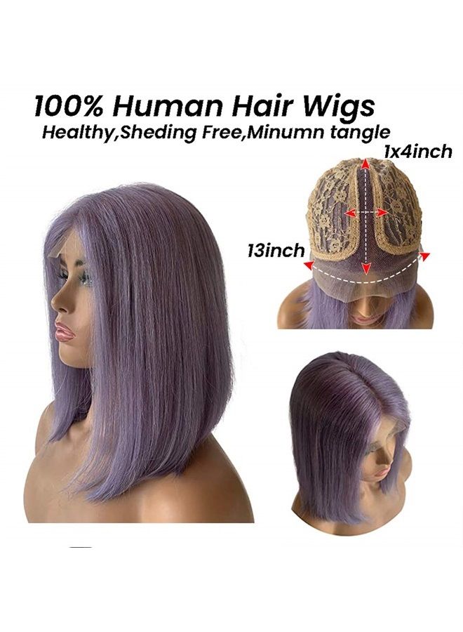 Smavida Lilac Bob wigs T Part Swiss Lace Glueless Virgin Human Hair Straight Pre Plucked 13x1 Lace Wigs 8" 150% Density Brazilian Remy Hair Purple Bob Wigs Middle Part for Women(Can be Restyled) - Image 3