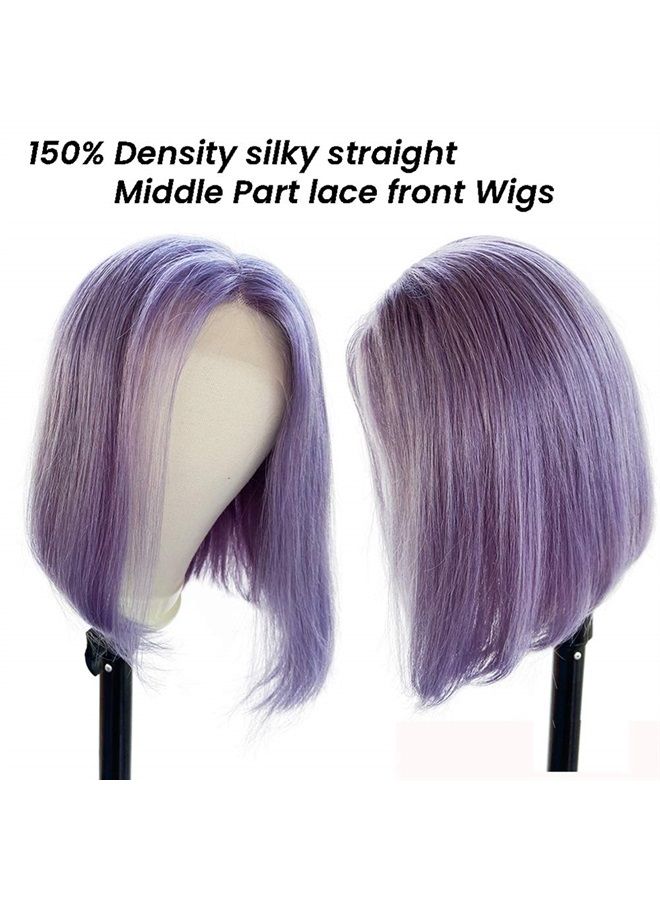 Smavida Lilac Bob wigs T Part Swiss Lace Glueless Virgin Human Hair Straight Pre Plucked 13x1 Lace Wigs 8" 150% Density Brazilian Remy Hair Purple Bob Wigs Middle Part for Women(Can be Restyled) - Image 2