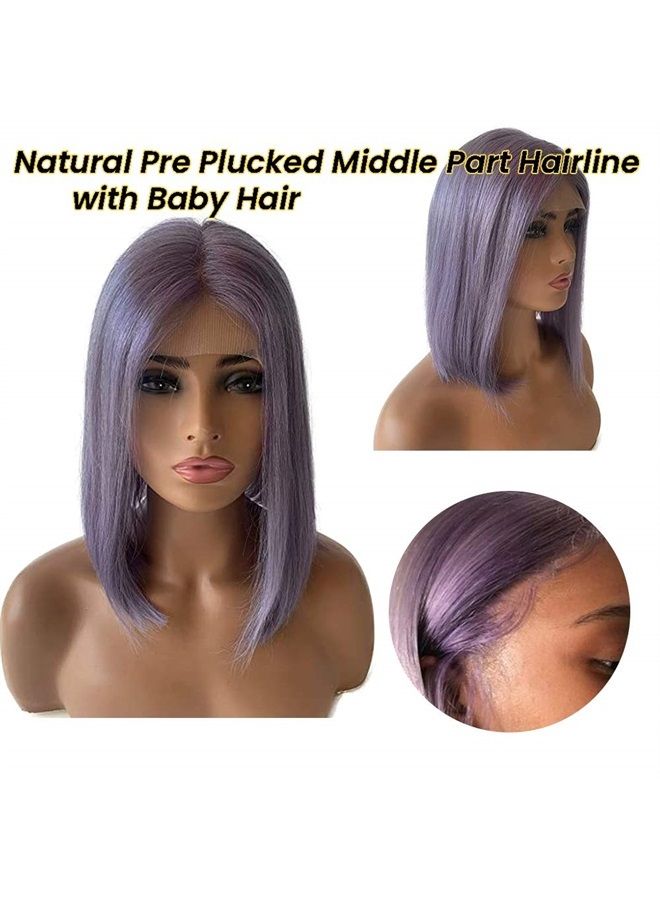 Smavida Lilac Bob wigs T Part Swiss Lace Glueless Virgin Human Hair Straight Pre Plucked 13x1 Lace Wigs 8" 150% Density Brazilian Remy Hair Purple Bob Wigs Middle Part for Women(Can be Restyled) - Image 4