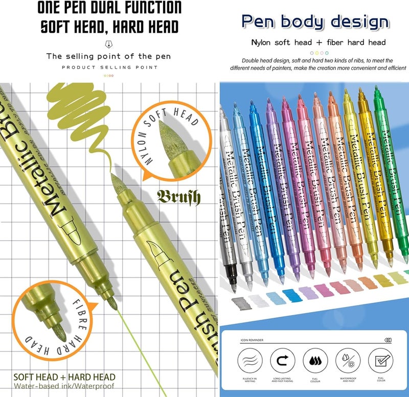 NALACAL أقلام تلوين أكريليك ثنائية الأطراف، ١٢ لونًا، ألوان معدنية، مناسبة للرسم على الصخور، والقماش، والخشب، والسيراميك، والزجاج، والحجر، والقماش، وأدوات الحرف اليدوية، وأدوات فنية، رؤوس دقيقة ومستديرة، غير سامة. - Image 2