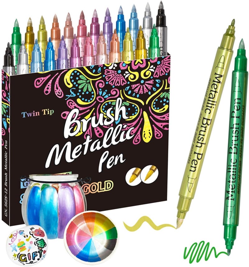 NALACAL أقلام تلوين أكريليك ثنائية الأطراف، ١٢ لونًا، ألوان معدنية، مناسبة للرسم على الصخور، والقماش، والخشب، والسيراميك، والزجاج، والحجر، والقماش، وأدوات الحرف اليدوية، وأدوات فنية، رؤوس دقيقة ومستديرة، غير سامة. - Image 1