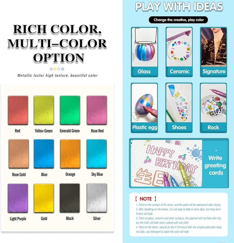 NALACAL أقلام تلوين أكريليك ثنائية الأطراف، ١٢ لونًا، ألوان معدنية، مناسبة للرسم على الصخور، والقماش، والخشب، والسيراميك، والزجاج، والحجر، والقماش، وأدوات الحرف اليدوية، وأدوات فنية، رؤوس دقيقة ومستديرة، غير سامة. - Image 4