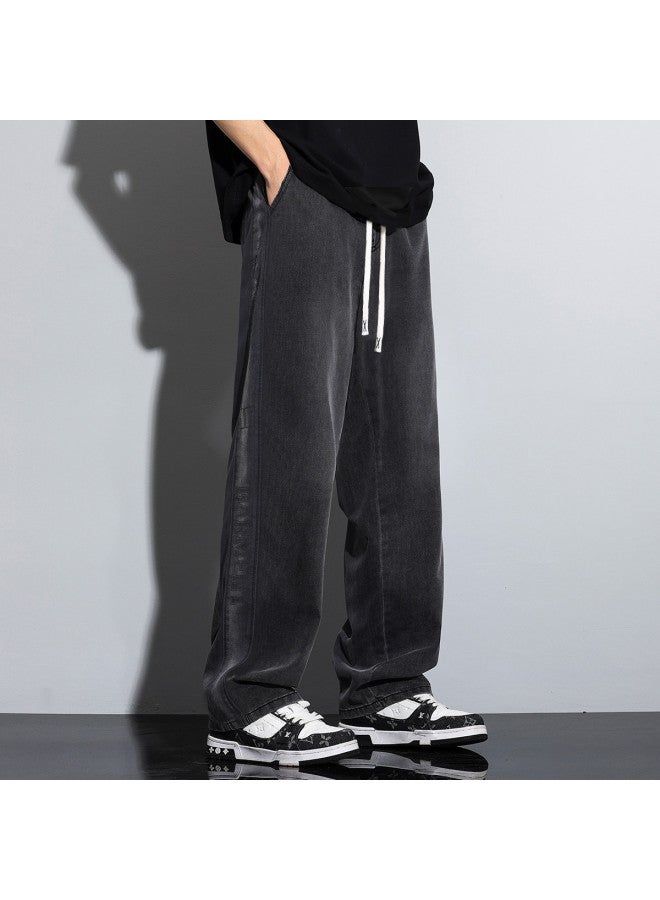 TonLion 2025 Tencel Jeans Side Washed Patchwork Straight Leg Pants Summer Thin Wide-leg Casual Trousers - Image 4