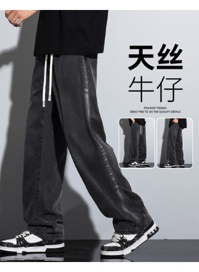 TonLion 2025 Tencel Jeans Side Washed Patchwork Straight Leg Pants Summer Thin Wide-leg Casual Trousers - Image 1