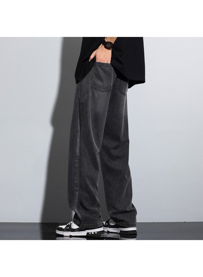 TonLion 2025 Tencel Jeans Side Washed Patchwork Straight Leg Pants Summer Thin Wide-leg Casual Trousers - Image 5