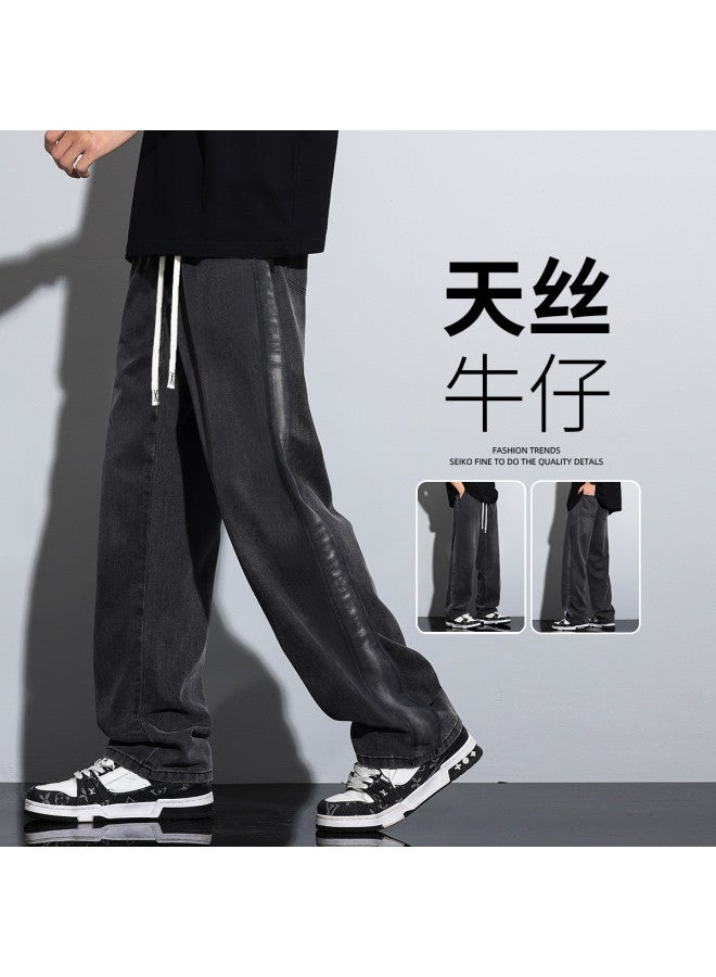 TonLion 2025 Tencel Jeans Side Washed Patchwork Straight Leg Pants Summer Thin Wide-leg Casual Trousers - Image 2