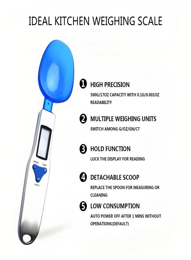 Cuifati Yoidesu Digital Kitchen Scale, Electronic Gram Measuring Spoon, 500g/0.1g Blue Cute Digital Weight Scale Spoon with 3 Measuring Spoons for Portioning Milk, Tea, Flour, Spices, Medicine - Image 2