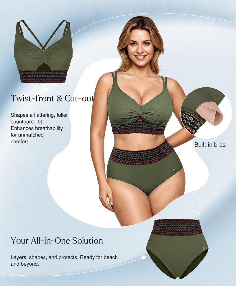 Popilush Tummy Control Swimsuits for Women High Waisted Bikini Sets Shapewear Two Piece Boho Bathing Suit 4 Way Wear Beach and Pool Size L Color Green - Image 3