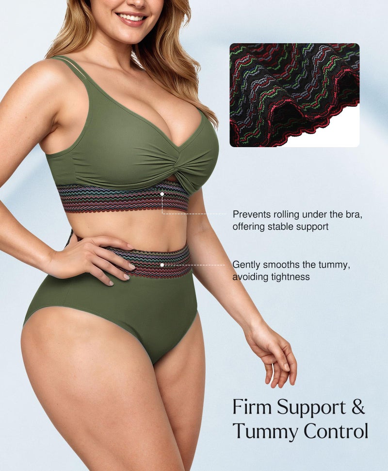 Popilush Tummy Control Swimsuits for Women High Waisted Bikini Sets Shapewear Two Piece Boho Bathing Suit 4 Way Wear Beach and Pool Size L Color Green - Image 4