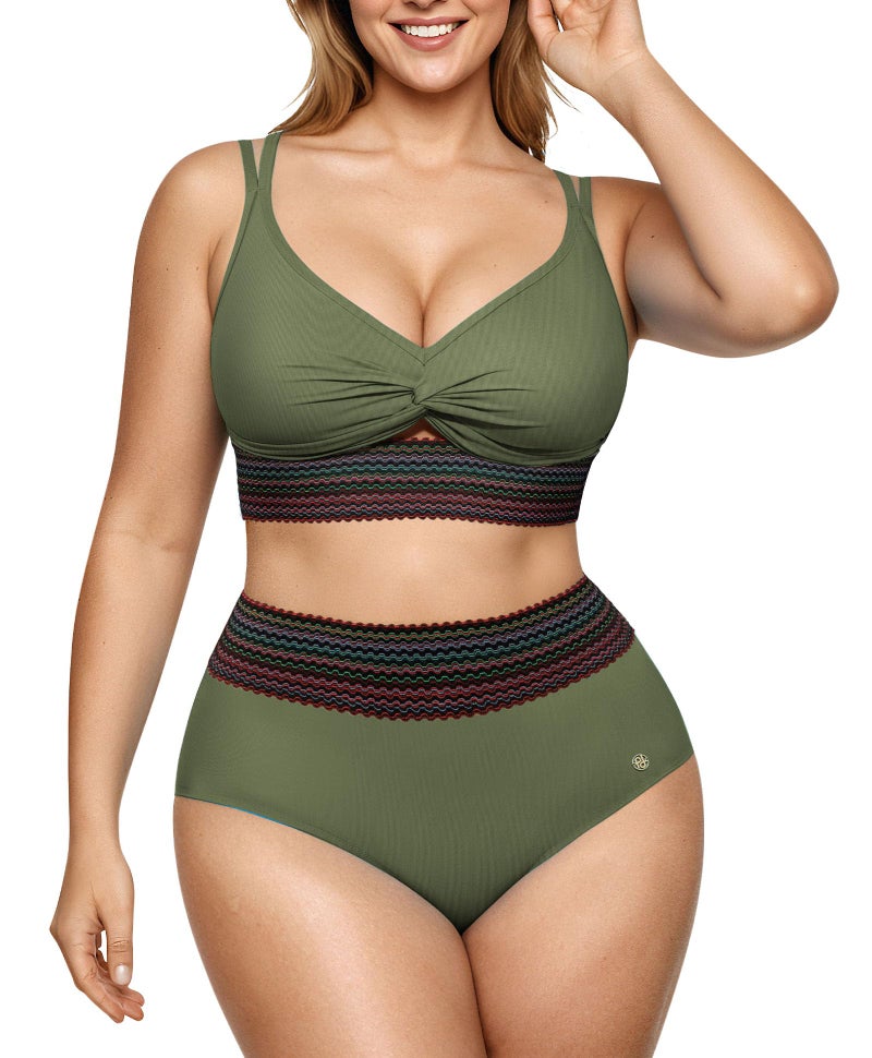 Popilush Tummy Control Swimsuits for Women High Waisted Bikini Sets Shapewear Two Piece Boho Bathing Suit 4 Way Wear Beach and Pool Size L Color Green - Image 1
