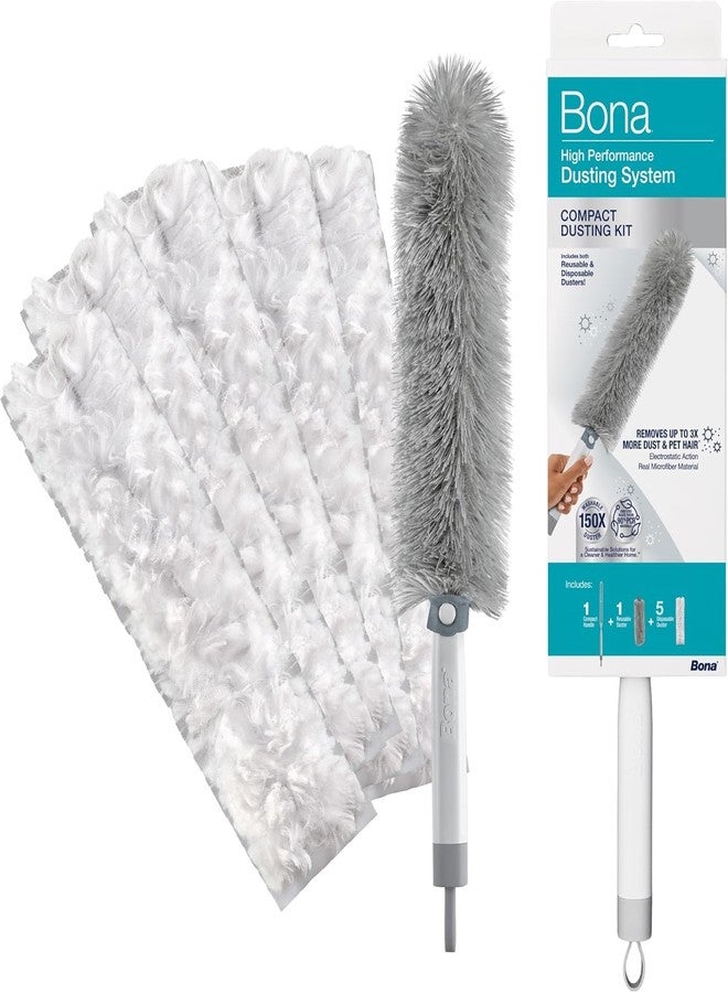 Bona High Performance Dusting System - 1 Compact Handle, 5 Disposable Dusters, & 1 Reusable Duster - Compact Dusting Kit Removes Dust & Pet Hair - Image 1