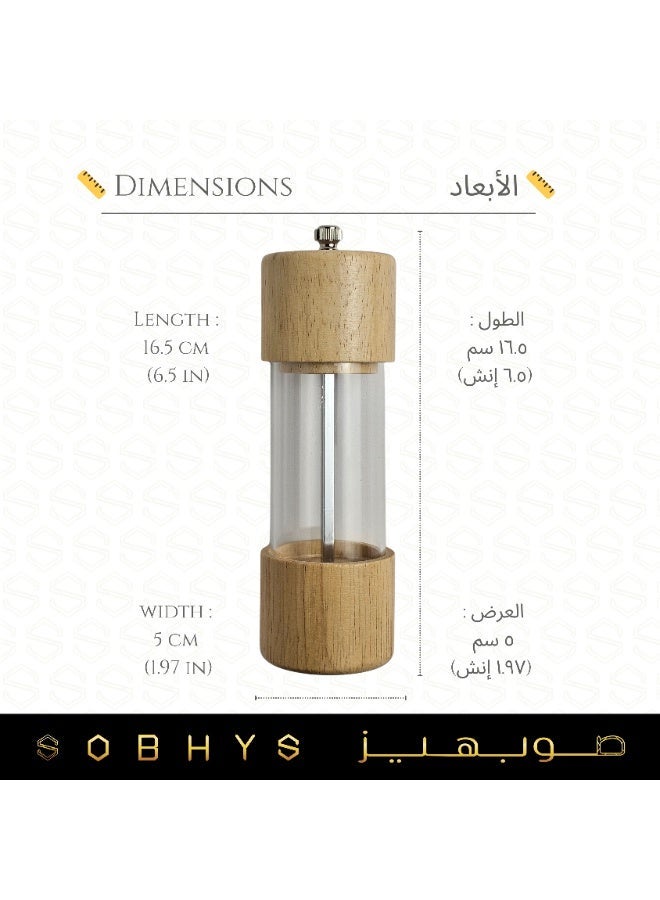 SOBHYS Wood & Acrylic Salt & Pepper Grinder, 16.5 cm Manual Mill with Clear Window, Adjustable Coarseness, Ceramic Core, Easy Refill, 0.13 L Capacity – SOBHYS - Image 2