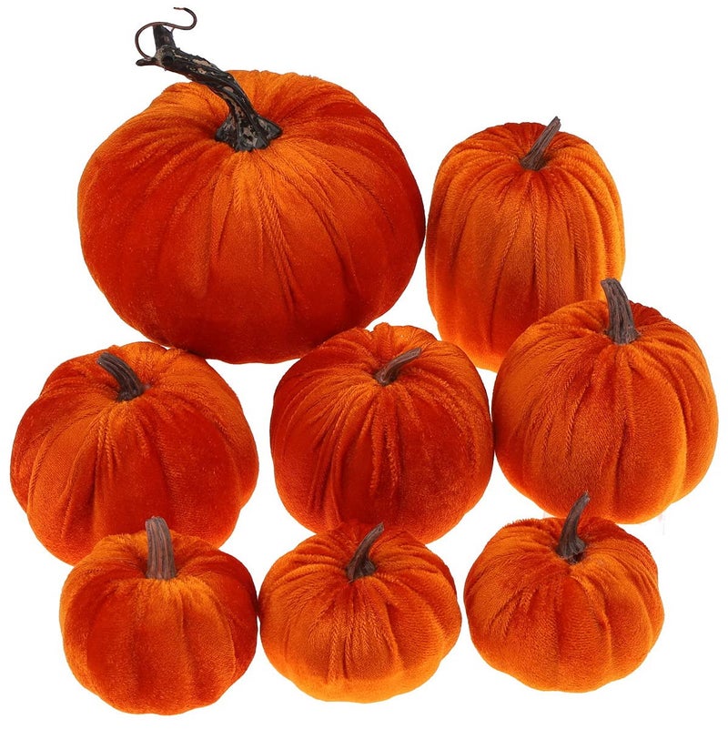 Gresorth Gresorth 8pcs Assorted Size Fake Handmade Orange Velvet Pumpkins Artificial Fall Harvest Halloween Decoration for Home Kitchen Farmhouse Thanksgiving Wedding Festival  - Image 2