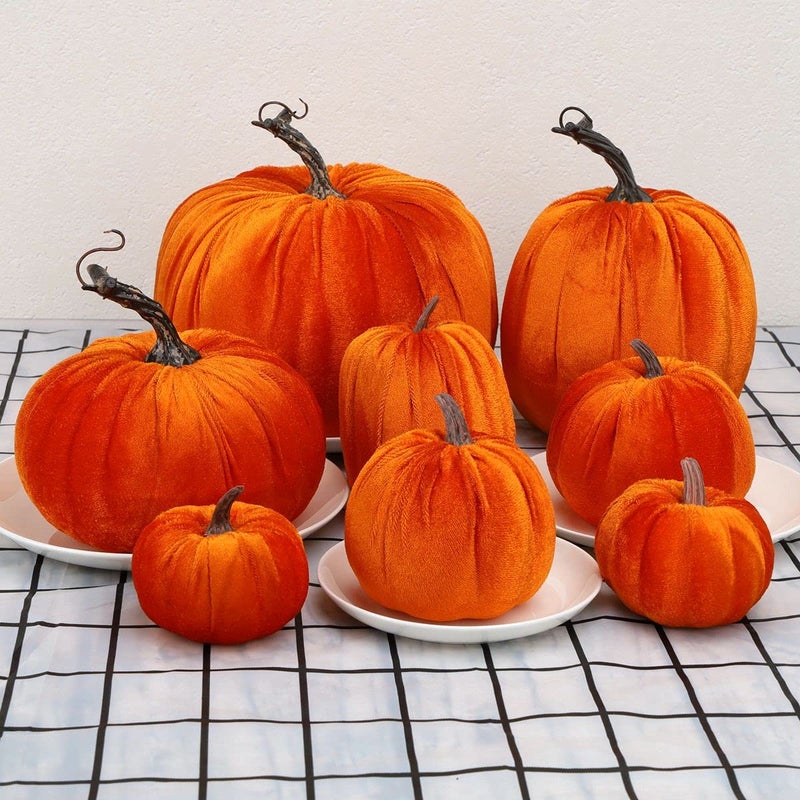 Gresorth Gresorth 8pcs Assorted Size Fake Handmade Orange Velvet Pumpkins Artificial Fall Harvest Halloween Decoration for Home Kitchen Farmhouse Thanksgiving Wedding Festival  - Image 5