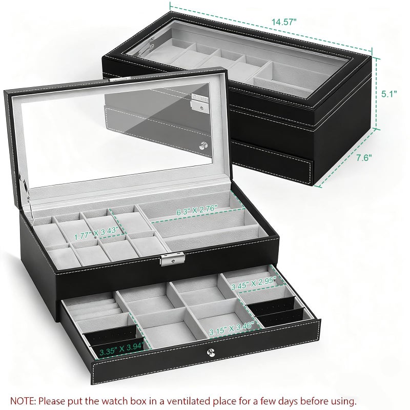 TomCare Watch Box Watch Case Jewelry Organizer Holder Jewelry Display Box Case Sunglasses Storage Organizer Lockable with Glass Top and PU Leather for Men Women, Black - Image 2