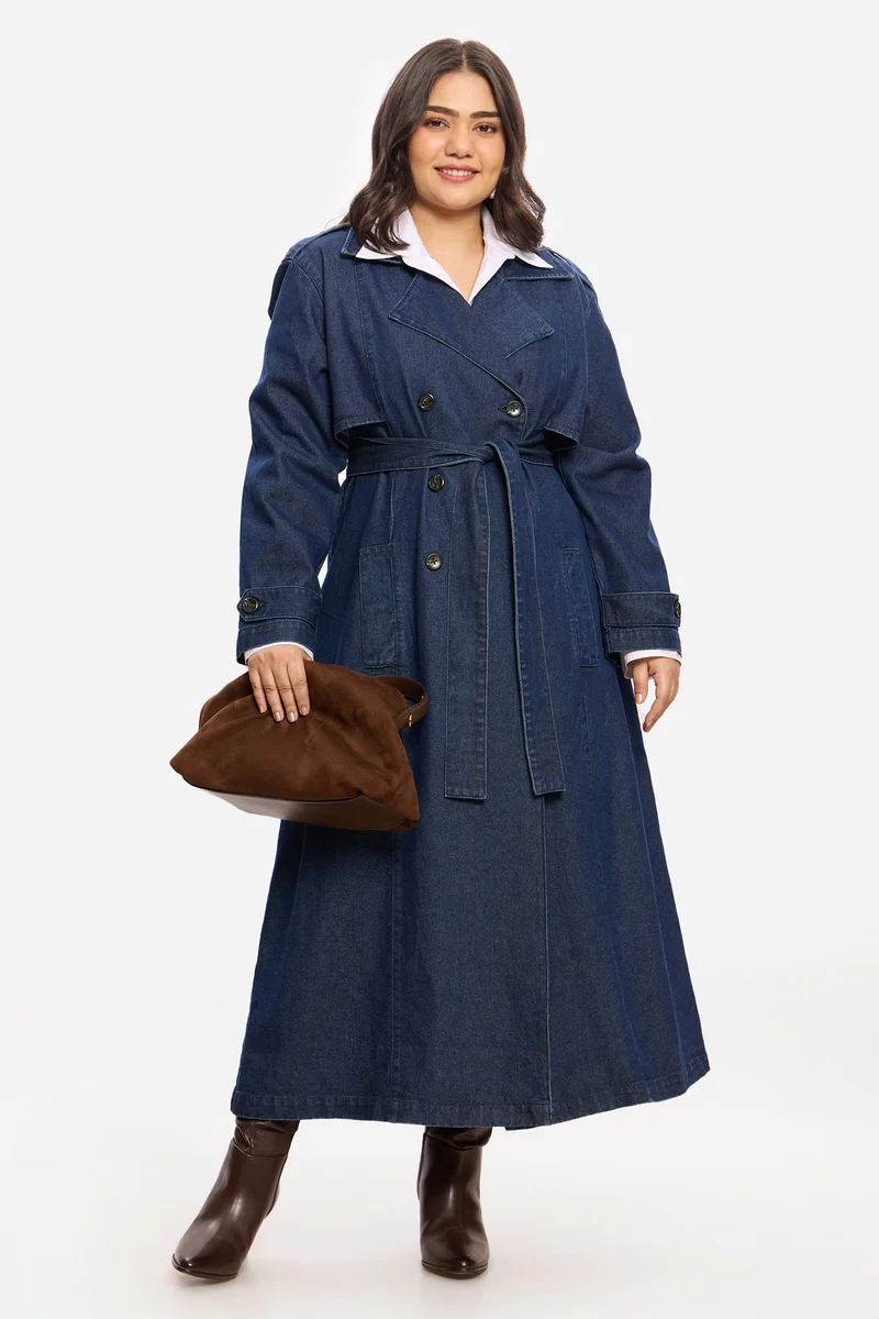 فيرجيو Solid Cotton Denim Plus Size Trench Coat for Women