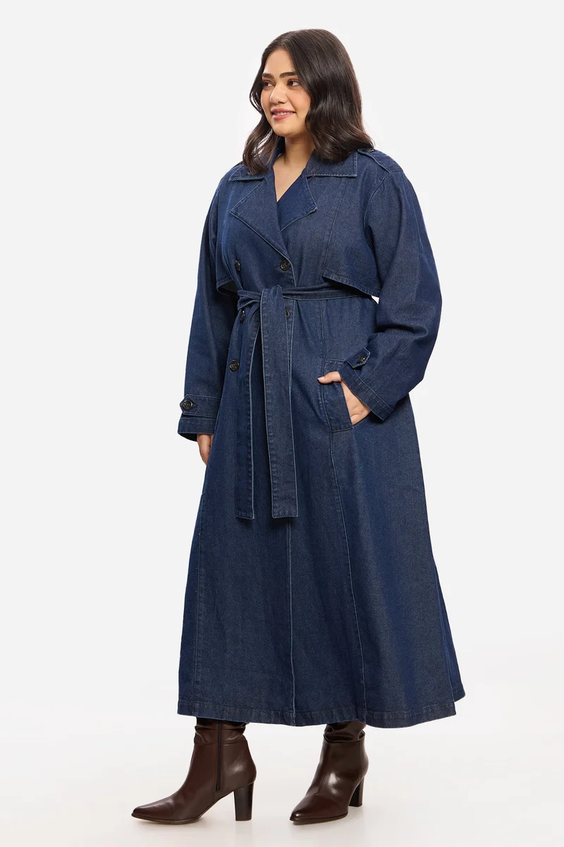 Virgio  Solid Cotton Denim Plus Size Trench Coat for Women for Women | Best Price UAE