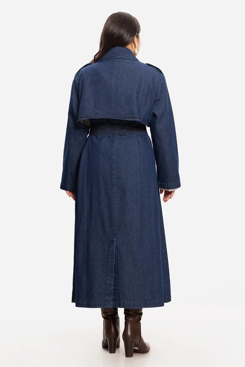 Virgio  Solid Cotton Denim Plus Size Trench Coat for Women for Women | Best Price UAE