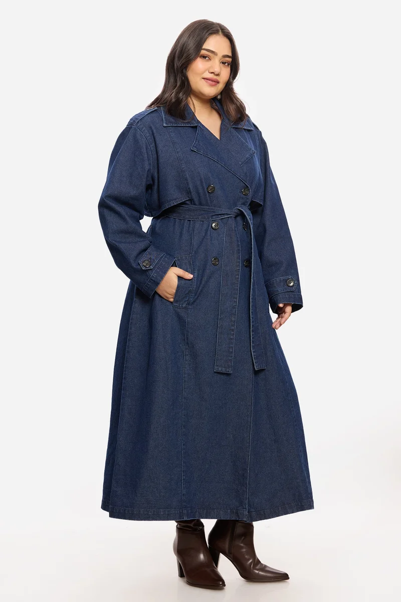 Virgio  Solid Cotton Denim Plus Size Trench Coat for Women for Women | Best Price UAE
