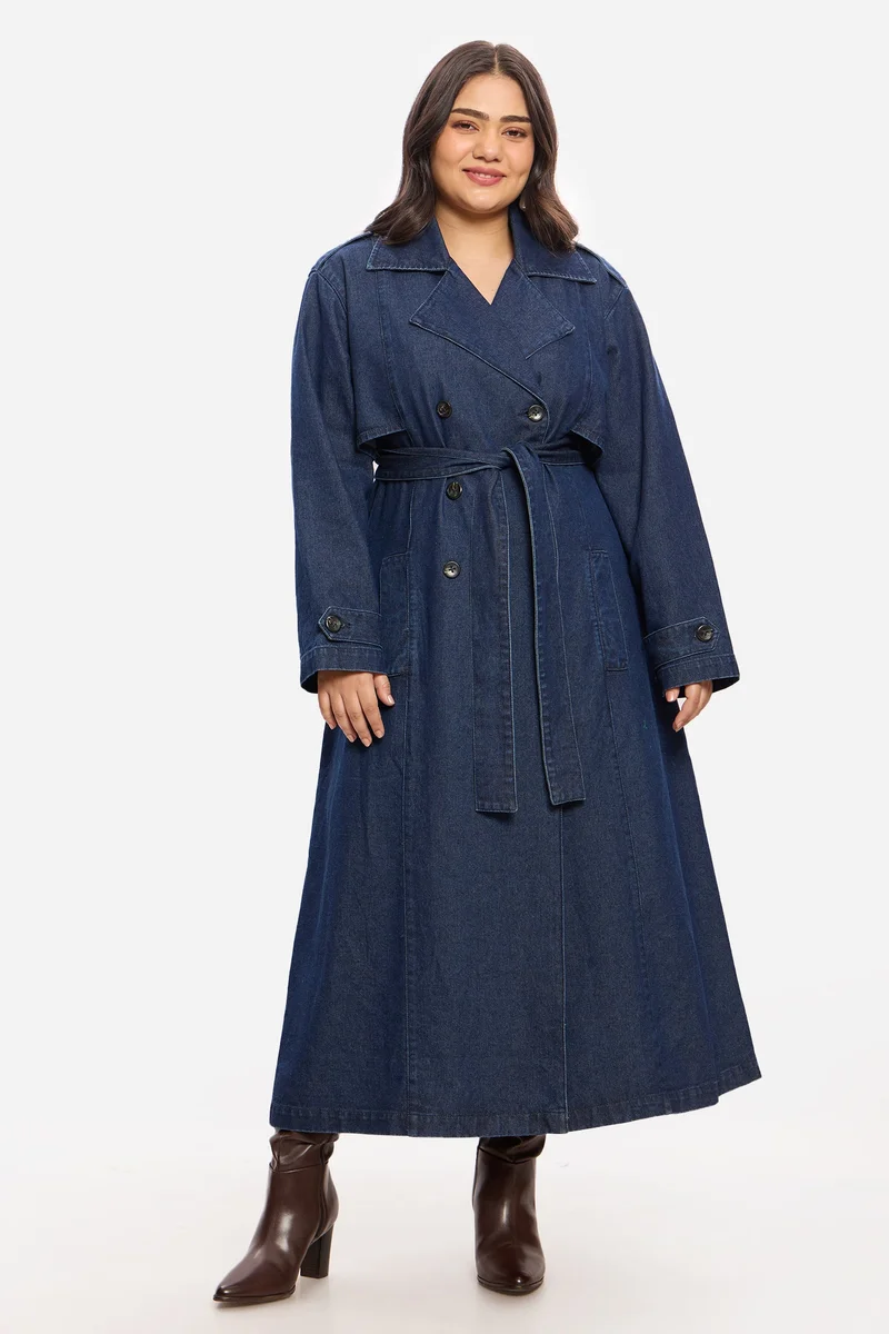 فيرجيو Solid Cotton Denim Plus Size Trench Coat for Women