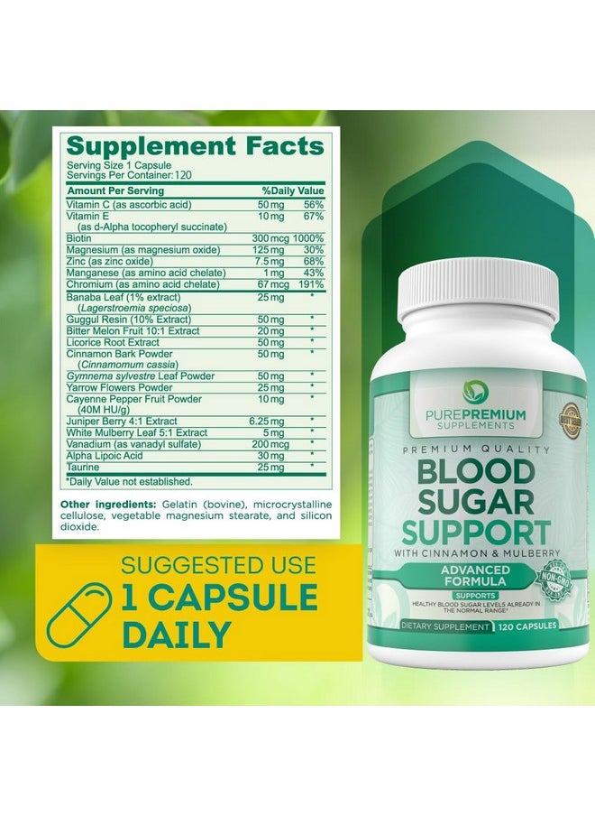 PUREPREMIUM SUPPLEMENTS - PurePremium Supplements Blood Sugar Support - Cinnamon Supplements to Support Blood Sugar Levels Already in The Normal Range - Capsules with Bitter Melon, Mulberry, Zinc, Biotin, Vitamin C - 120 Count - Image 1
