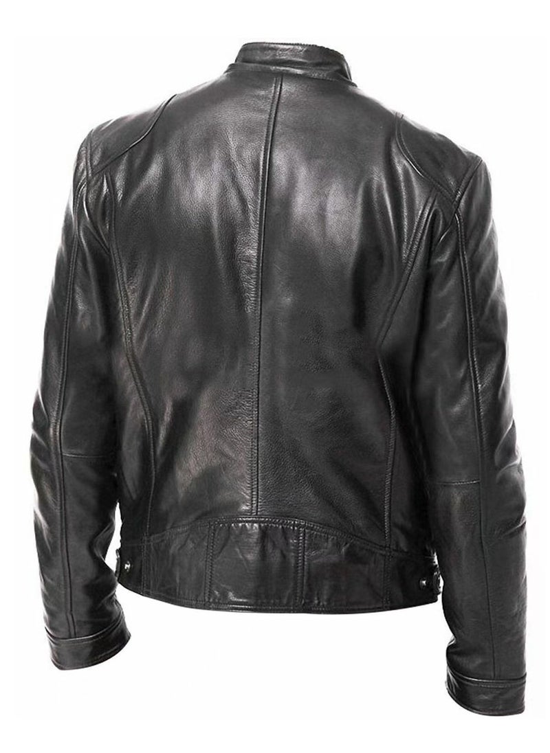 Loquat Men's Stand-up Collar Slim Leather Jacket  - Image 2