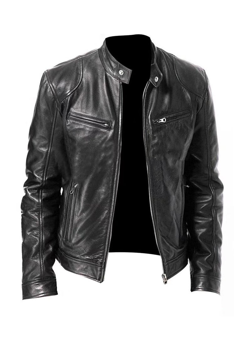 Loquat Men's Stand-up Collar Slim Leather Jacket  - Image 1