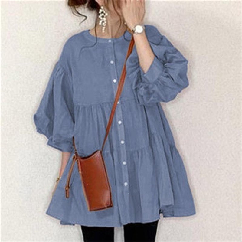 Loose-Fit Mid-Length Solid Color Shirt Blue
