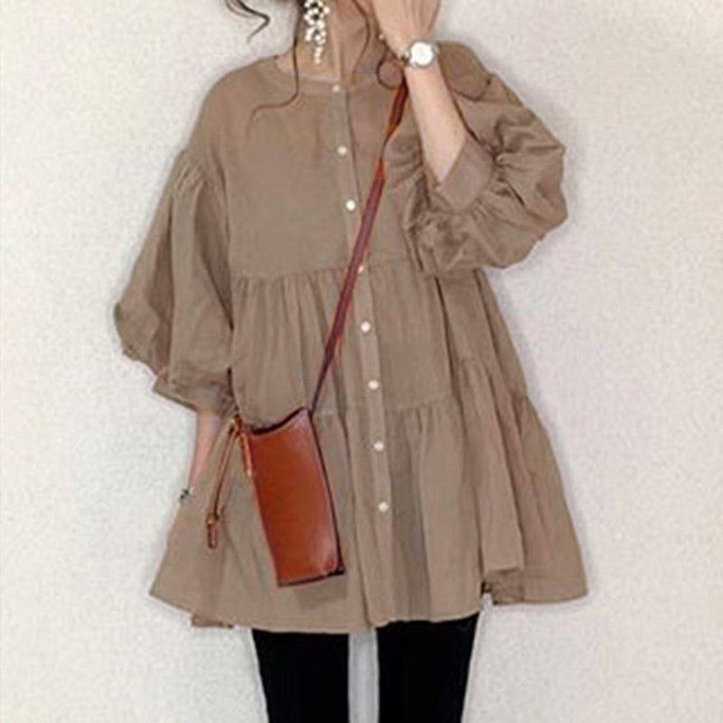 Loose-Fit Mid-Length Solid Color Shirt Blue
