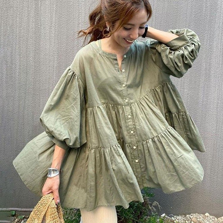 Loose-Fit Mid-Length Solid Color Shirt Blue