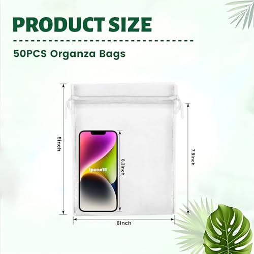 YunKo 50pcs Organza Bags 6x9 Inches Drawstring Gift Jewelry Mesh Bags Fruit Protection Bag White Sheer Organza Wedding Favor Bag - Image 3