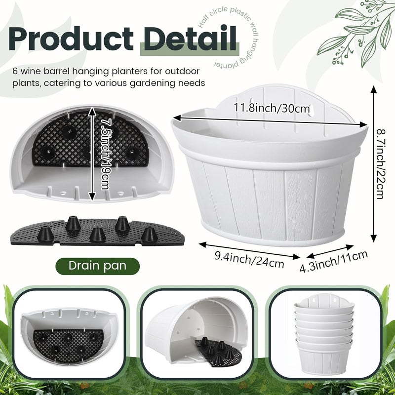 Layhit 6 Pcs Wall Hanging Planters Outdoor Pot Planter Wine Barrel Planter Distressed Oak Thickened Plastic Water Storage Flower Pots for Flower Indoor Outdoor(12 Inches,White) - Image 2